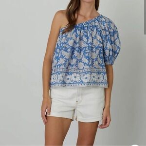 Velvet Graham & Spencer Size L One Shoulder Blouse Floral Puffed Sleeve